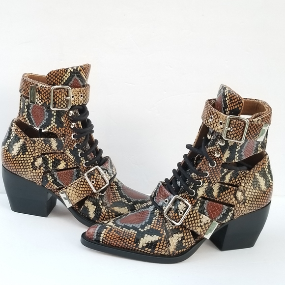 Brand New CHLOÉ Python-Embossed Leather cut out  Combat Boots - Picture 8 of 16